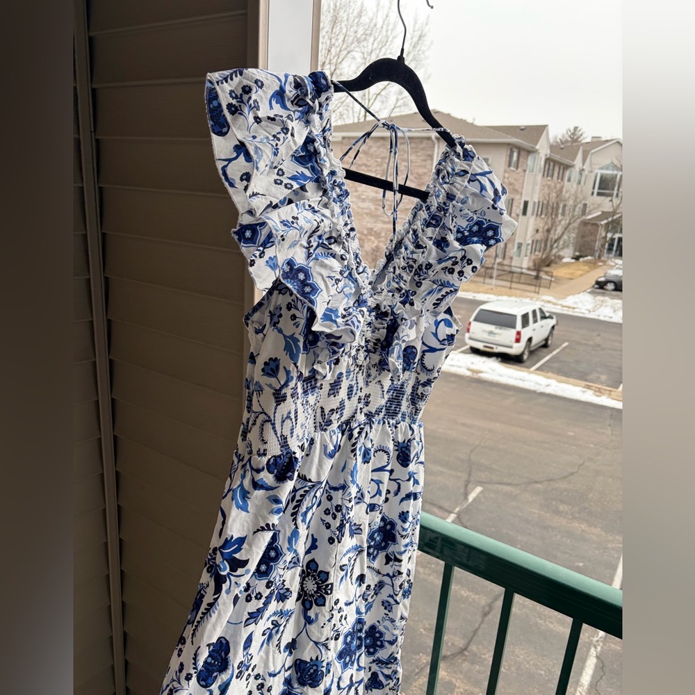 🆕🫐Adrianna Papell Blue White Floral Ruffle Midi Dress Waist Cottagecore 14 NWT - Picture 6 of 17